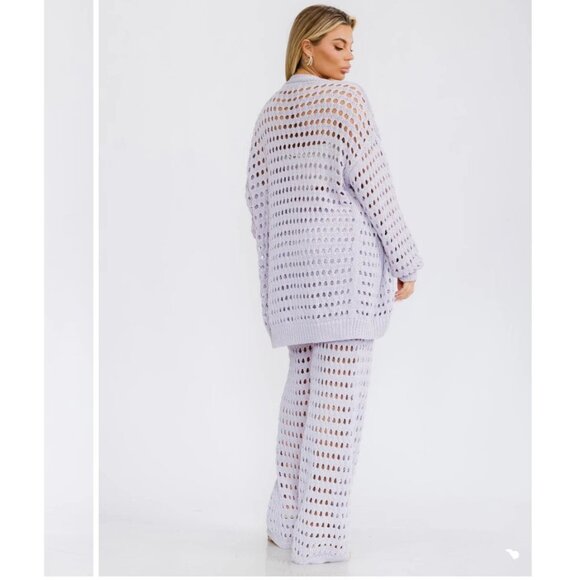 Lilac Open Knit 2pc Cardigan Pant Crochet Set - Picture 5 of 6